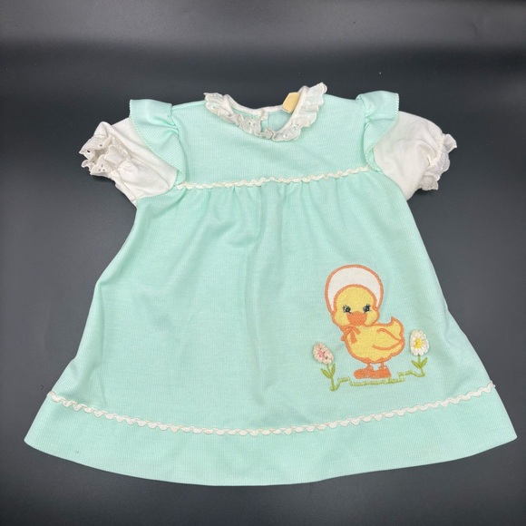 Vintage Carters Baby Dress Green Yellow Duck‎ Flowers Appliqué Embroidered 18M - Picture 1 of 5